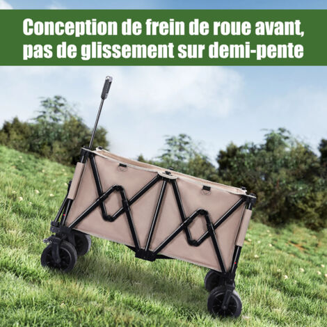 Chariot de Transport Pliable avec Freins, Chariot de Jardin de 150KG Pneus amovible, tout-terrain, Chariot pour Camping, Brun clair