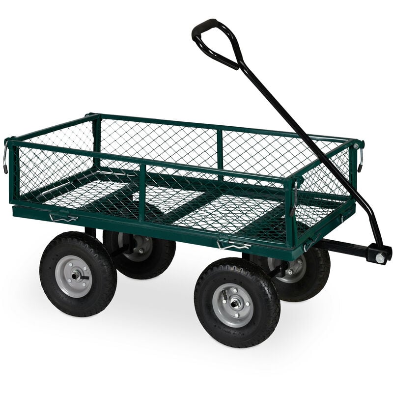 Relaxdays - Chariot de transport, sur roues pneumatiques, côtés rabattables, pour jardin, outils, capacité de 200 kg, vert
