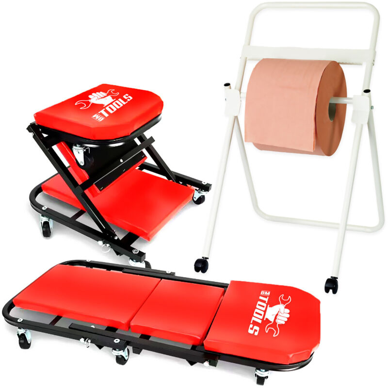 Chariot de Visite BM TOOLS Mécanicien Convertible en Siège Tabouret d'Atelier - Garagiste / 2 en 1 - avec Dévidoir de papier
