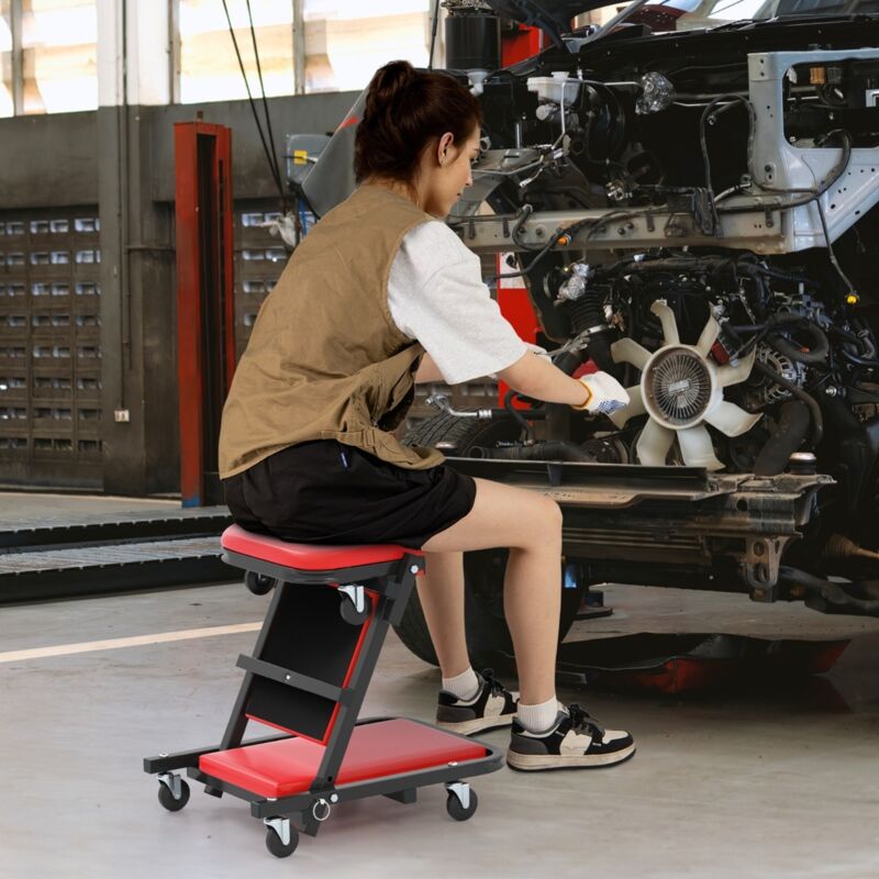 Chariot de Visite Pliable Tabouret d'Atelier Convertible avec Siège Rembourré 6 roulettes Planche de Travail Mécanicien Charge 160 kg Rouge