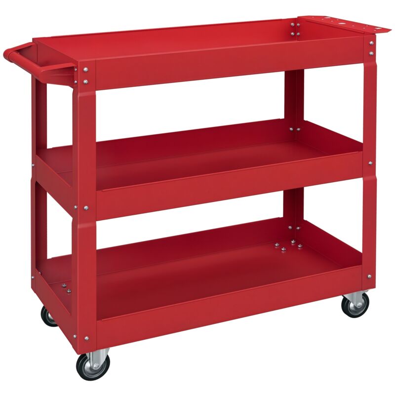 Chariot desserte d'atelier - DURHAND - 3 plateaux - sur roulettes avec poignée - charge max. 150 kg - acier - 83x35,3x76cm - rouge