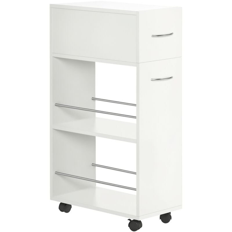 Homcom - Chariot desserte de cuisine - tiroir, 2 étagères - dim. 25L x 50l x 85H cm - panneaux acier blanc