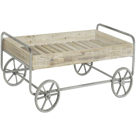 Chariot, desserte, panier en bois de sapin naturel et métal gris - Longueur 110 x Profondeur 67 x Hauteur 46 cm -PEGANE-