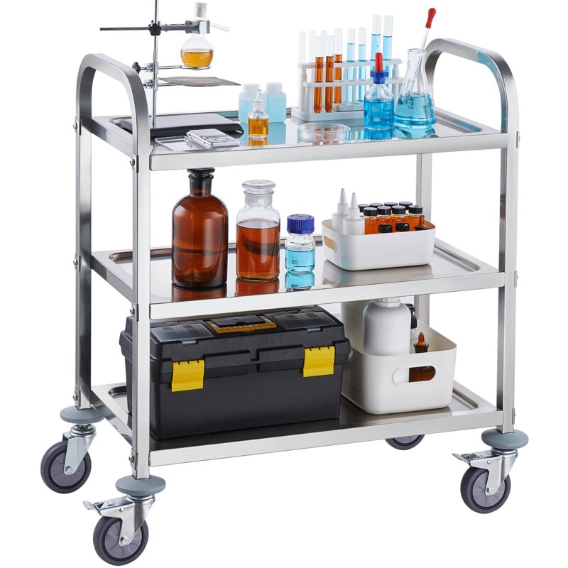 Chariot en acier inoxydable Mophorn chariot utilitaire de laboratoire à 3 niveaux, capacité de 400 lb, chariot médical avec roues verrouillables pour