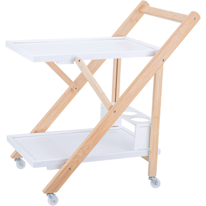 Relaxdays servante en bambou pliable, desserte 2 niveaux sur roulettes, porte-bouteilles, 70x44x39,5 cm, blanc naturel