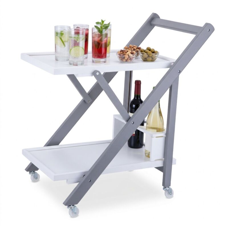 Chariot de service Relaxdays en bambou, porte-bouteilles, à roulettes 2 étages, H x L x P: 70 x 44 x 39,5 cm, blanc-gris