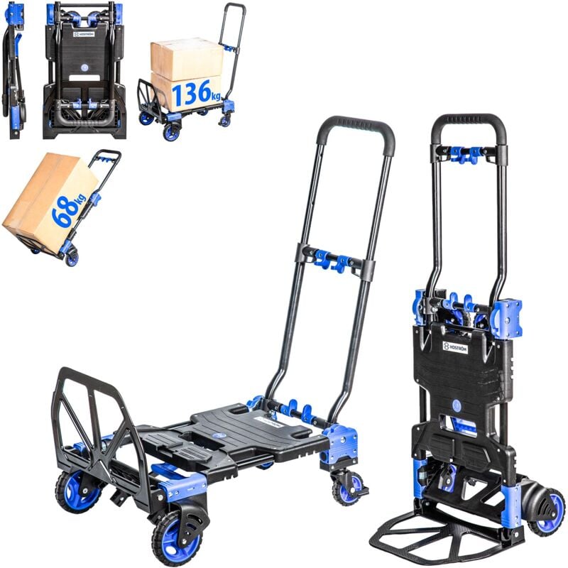 2-en-1, Chariot à roulettes et diable pliant, Chariot pliable max 136kg, Diable Demenagement max 68kg, Roues pivotantes 360°, Garantie 5 ans, Hostrom