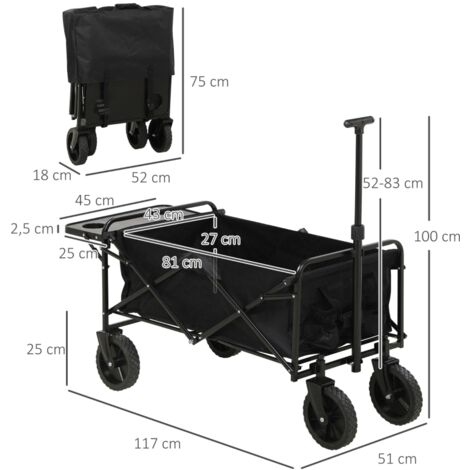 Chariot jardin 4 roues pliable bâche amovible, poignée télescopique inclinaison plateau pliable noir