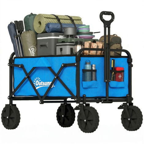 Chariot jardin pliant roues verrouillables, poignée réglable, porte-gobelet, charge 80 kg, campagne, 85x50x99 cm, bleu
