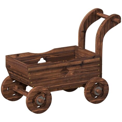 Chariot jardinière en bois avec 4 roues, poignée et trous de drainage, 68 x 38 x 52 cm, bois