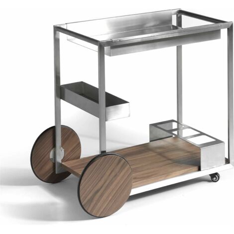 Chariot minibar acier chromé poli 2 plateaux amovibles et espace bouteilles - Noyer, acier inoxydable