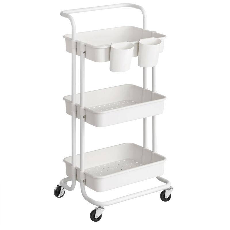 Songmics - Chariot Mobile à 3 Niveaux, Desserte sur roulettes, Étagère de Rangement, avec poignée, 2 Pots, 2 Freins, paniers en Plastique, Montage