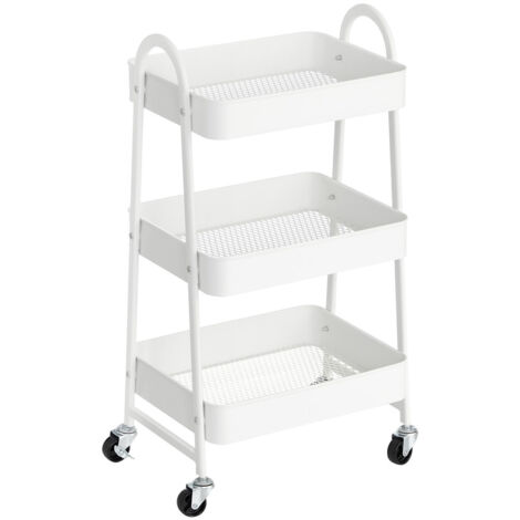 Chariot Mobile à 3 Niveaux, Desserte sur roulettes, Étagère de Rangement en métal, avec poignées, 2 Freins, Montage Facile, pour Atelier, Chambre, Cuisine, buanderie, Blanc