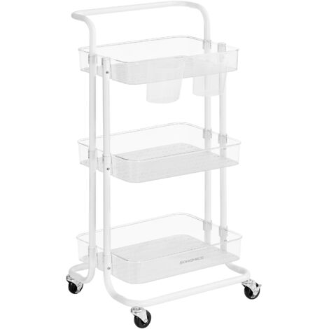 Chariot Mobile à 3 Niveaux, Desserte sur roulettes, Étagère de Rangement, Poignée, 2 Pots, 2 Freins, Paniers en Plastique, Montage Facile, Chambre, Cuisine, Blanc et Transparent