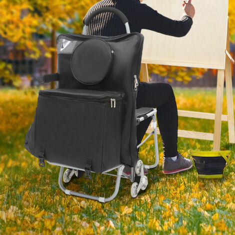 Chariot multifonctionnel pour étudiants en art, avec siège et monte-escalier, pliable, à grandes roues, portable (avec fonction de rangement) - Noir