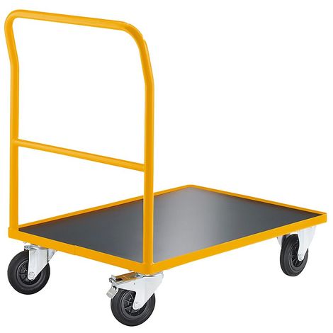 Chariot plate-forme, force 350 kg - barre de poussée soudée - L x l plateaux 1240 x 790 mm - Coloris piétement: jaune melon RAL 1028