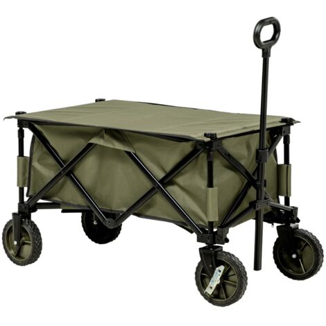 Chariot pliable 4 roues jardin plage transport - Housse amovible, plateau inclinable, poignée réglable et 5 poches - 108x55x93 cm - Vert