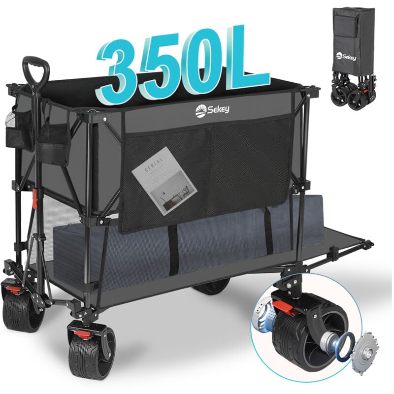 Chariot Pliable de Plage avec 2 Couches 350L Chariot de Transport Jardin 4 roues