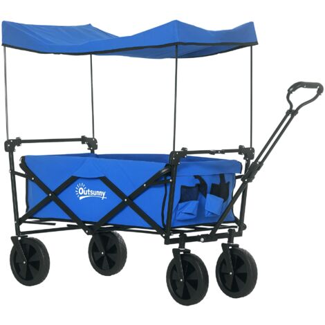 Chariot pliant auvent amovible, longueur/angle poignée ajustables, sac transport, charge 100 kg, bleu