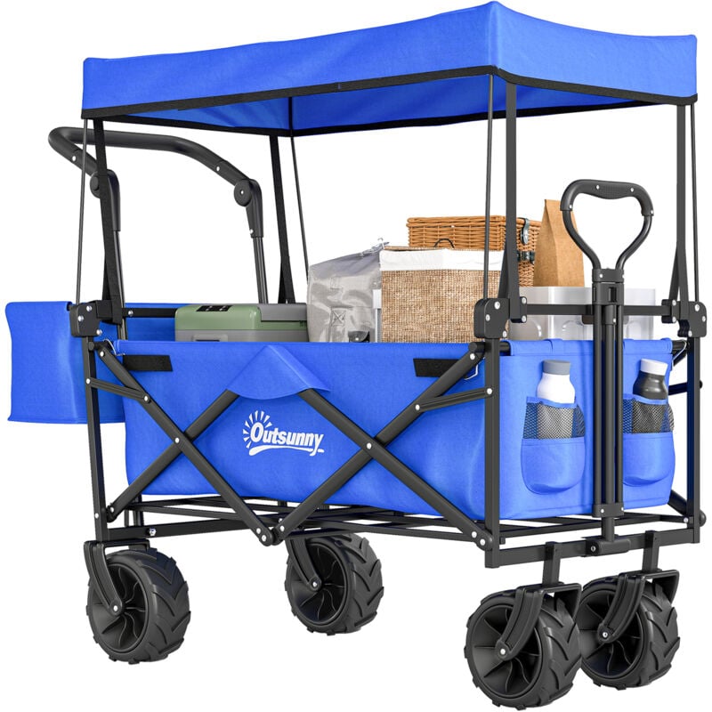 Chariot pliant avec toit, poignée, panier - chariot de plage - chariot de transport pliable tout-terrain métal noir oxford bleu