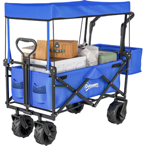 Chariot pliant bleu Oxford en acier avec toit, poignée et panier, transport tout-terrain noir