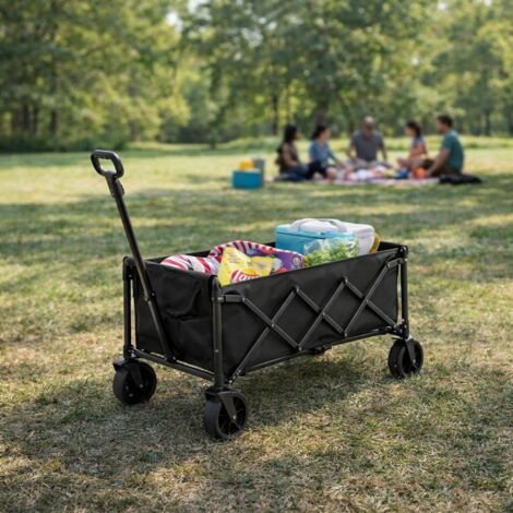 Chariot pliant de plage noir 70 L en acier, roues amovibles, charge 60 kg, poignée à rappel automatique