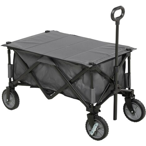 Chariot pliant, d'une capacité de charge allant jusqu'à 120 kg, doté de poignées réglables, de poches latérales et d'un panneau pliable  chariot de jardin, gris foncé.