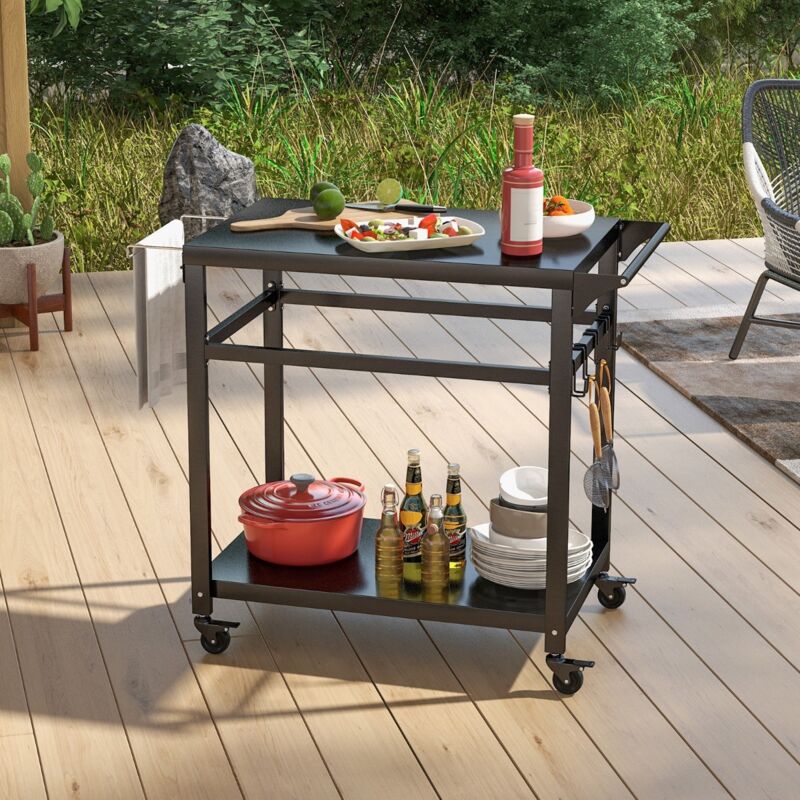 Chariot pour Plancha / Barbecue à 2 Etagères Desserte de Jardin sur Roulettes avec 4 Crochets 108 x 50,5 x 88 CM Noir