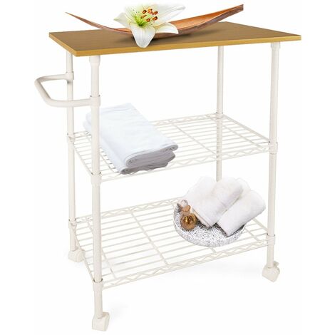 Chariot pour service de cuisine Cadre métallique + panneau MDF Toledo 3 étages 4 roulettes - Blanc/Bois