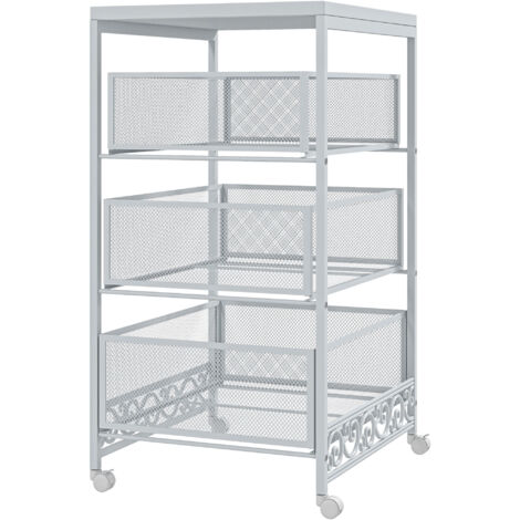 Chariot rangement 3 niveaux 3 roues 3 paniers salon/salle à manger, 34x29,5x57,5 cm, blanc