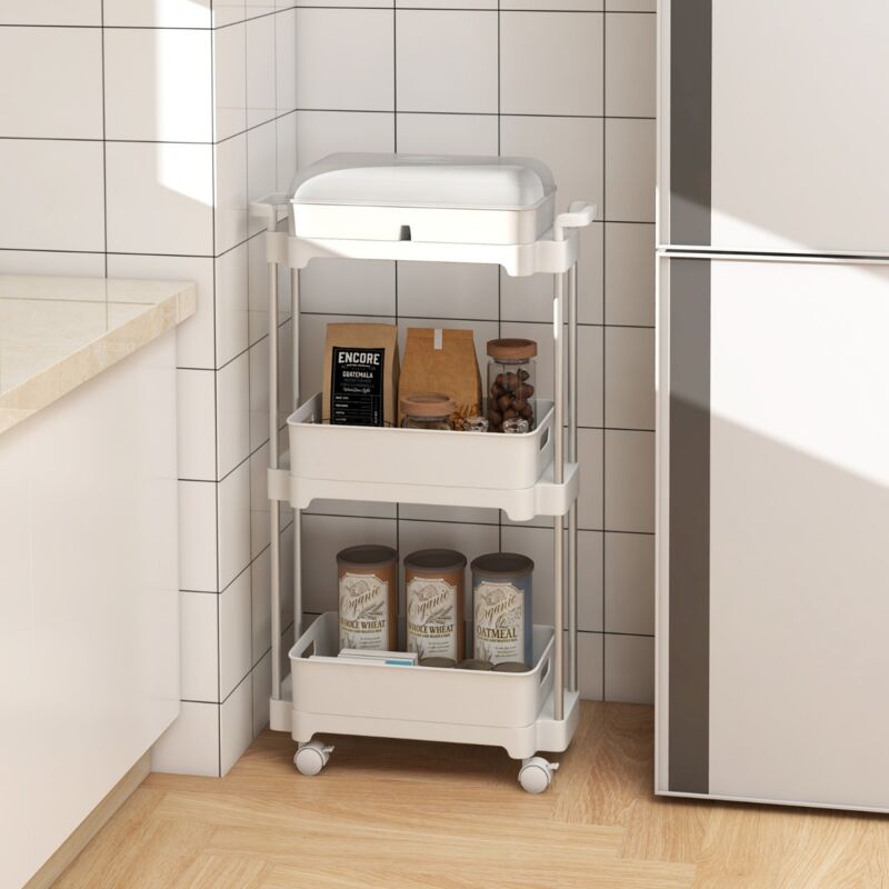 Chariot Rangement 3 Niveaux Couvercle Amovible Étagères Mobile Roues Verrouillables Blanc