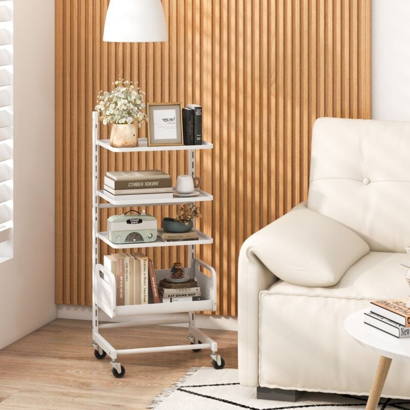 Chariot Rangement 4 Étages Métallique Ajustables Poignée Bois Caoutchouc Roulettes Blanc CWXT1440 design in