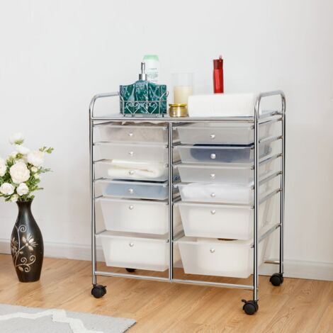 Chariot Rangement Roulettes 12 Tiroirs Freins Plastique Cadre Acier 64x38x75 cm Blanc CW10921