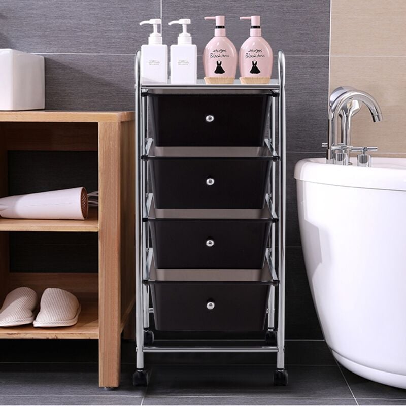 Chariot Rangement Roulettes 4 Tiroirs Plastiques Amovibles Métal 37x32x76 cm Noir CW10697