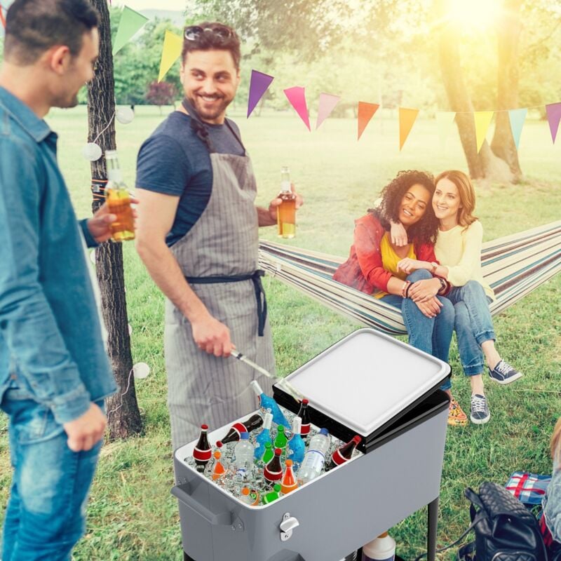 Chariot Réfrigérant 76L Roulettes Universelles Ouvre-bouteille Glacière Portable Gris CWXT9121 design in