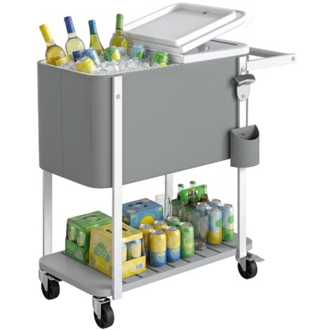 Chariot réfrigéré de 56 litres avec roues, ouvre-bouteille, étagère inférieure et poignée  chariot à boissons mobile, gris.