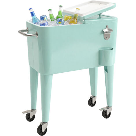 Chariot réfrigéré pour boissons de 56 litres avec roulettes, ouvre-bouteille, récupérateur de capsules et poignée, idéal pour les réceptions en terrasse. Dimensions : 75 x 35 x 78 cm. Couleur : vert c