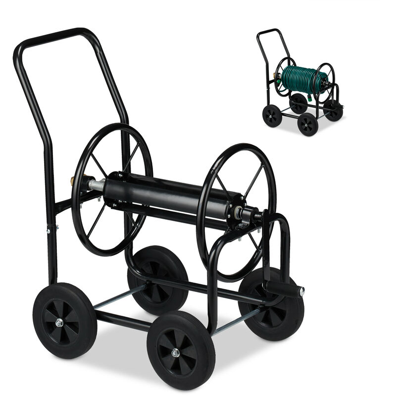 Relaxdays - Chariot à tuyaux en métal, 4 roues en caoutchouc, xl Enrouleur tuyaux, Manivelle, tuyau 60 m, HlP 81x48x80cm