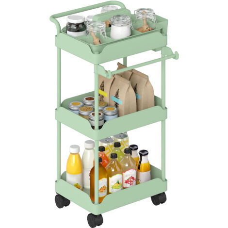 Chariot utilitaire à 3 niveaux à roulettes, chariot de cuisine avec paniers coulissants et porte-serviettes, vert