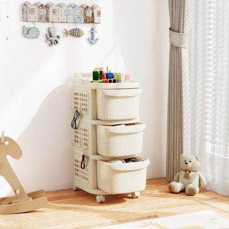 Chariot Utilitaire à 3 Tiroirs Organisateur de Rangement en Plastique Roulant avec Roulettes 6 Crochets Panneau Perforé Blanc