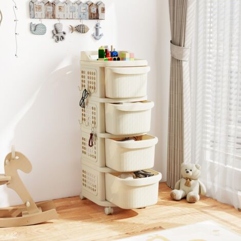 Chariot Utilitaire à 4 Tiroirs Organisateur de Rangement en Plastique Roulant avec Roulettes 6 Crochets Panneau Perforé Blanc
