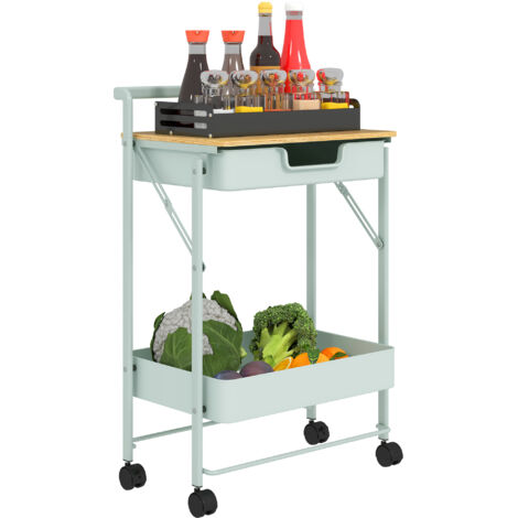 Chariot utilitaire à roulettes à 2 niveaux avec tiroir, plateau et panier métallique pour chambre, salle de bain, cuisine, vert clair