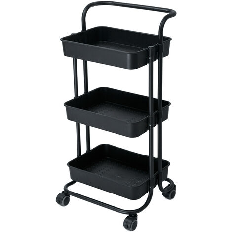 Chariot utilitaire à roulettes à 3 niveaux Chariot de rangement à roulettes avec roue verrouillable et poignée multifonction robuste pour cuisine salle de bain bureau (noir)