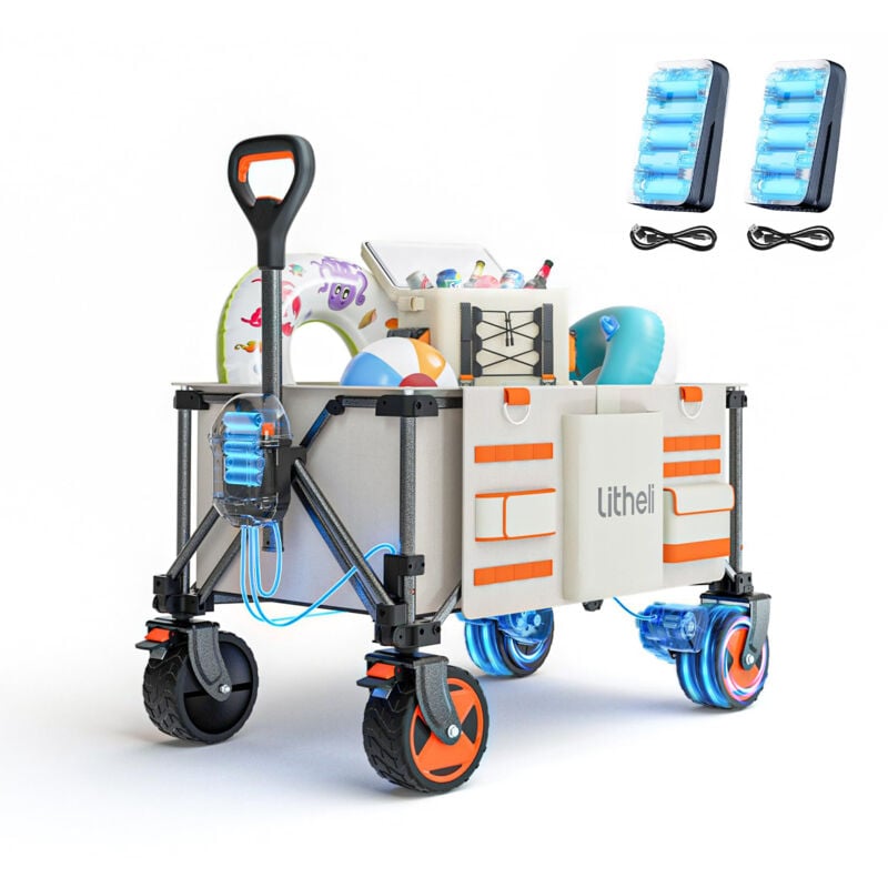 Chariot électrique pliable, Double moteur Avec freins 150L Charge maximale 60 kg, Convient pour le camping, le jardin, la plage, les courses (beige)