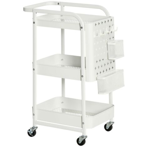 Chariots de cuisine - 3 niveaux avec tiroirs et roulettes - Acier blanc - 51,5 x 32 x 75,6 cm