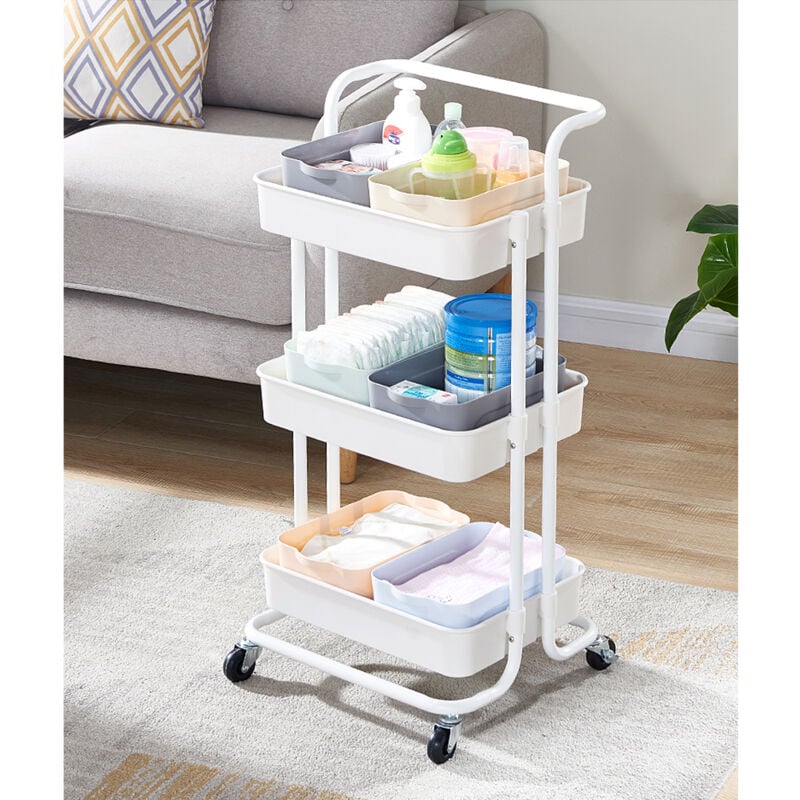 Chariot à 3 Niveaux Desserte à Roulettes pour Cuisine Salle de Bain Bureau-Blanc