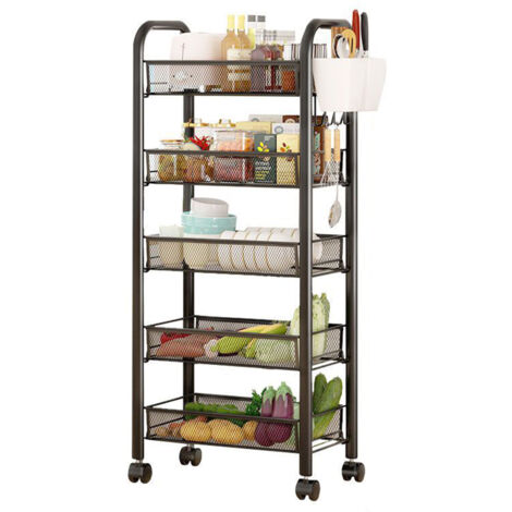 Chariots de Service,5 Niveau Étagère Chariot Desserte de Cuisine à Roulettes Rangement Stockage Support Bureau Salle de bains 45x26x105cm Noir