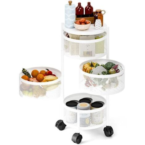 Chariots de Service,Chariot de cuisine fruits légumes,Resserre ronde rotative,Desserte à Roulettes, 3 niveaux, 30X30X60CM, BLANC, Matériau: Fer