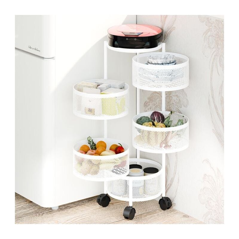Hoerfuriy - Chariots de Service,Chariot de cuisine fruits légumes,Resserre ronde rotative,Desserte à Roulettes, 5 niveaux, 30X30X90CM, blanc,
