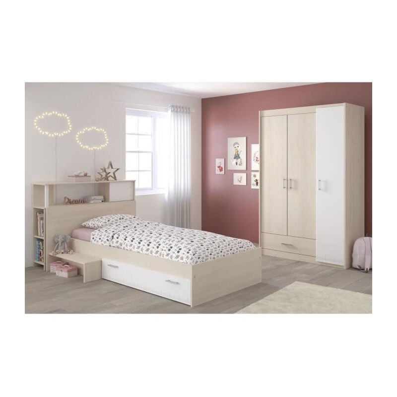 Les Tendances - charlemagne Chambre enfant complete - Tete de lit + lit + armoire - Style contemporain - Decor acacia clair et blanc